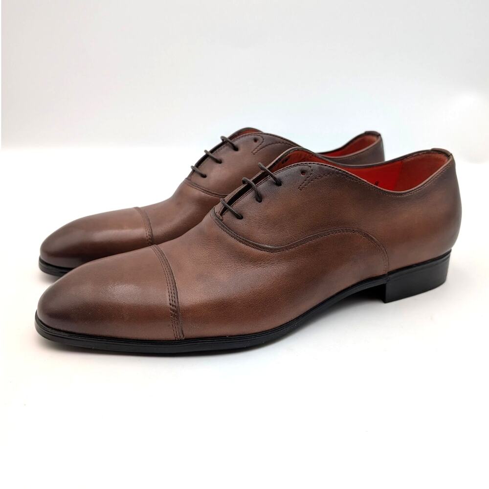 Santoni Darian Cap Toe Oxford Shoes Lace-Up Men's Brown Leather Size US8 EU41.5